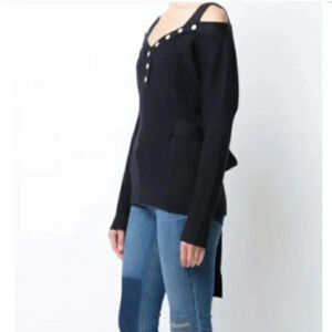 Derek Lam 10 Crosby Ribbed Knit Cutout Tie Waist Sweater Black Cashmere Medium